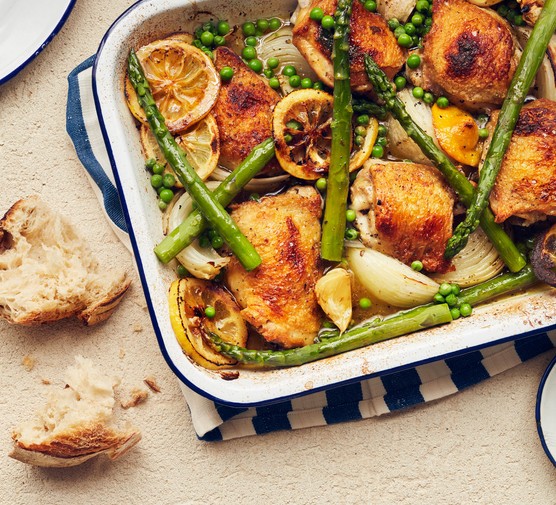 Lemon roasted spring chicken with asparagus