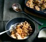 Banoffee flapjack crumble in a bowl with custard