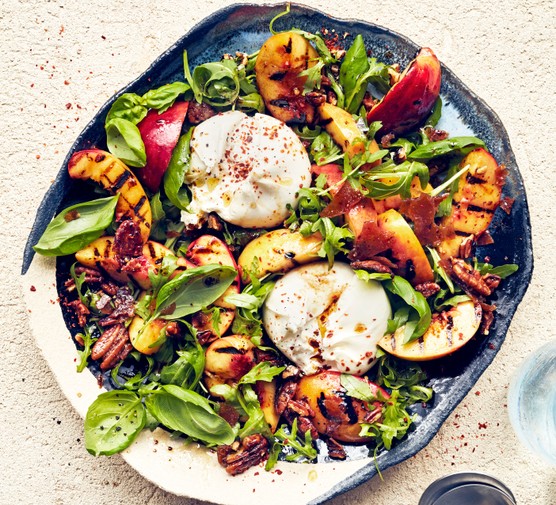 Grilled nectarine & burrata salad on a plate