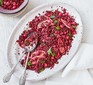 A dish serving beetroot & lentil tabbouleh