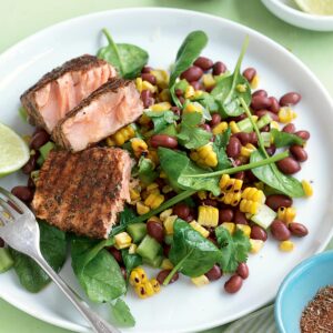 Blackened salmon with sweet corn and bean salad