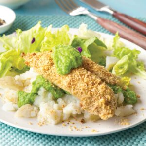 Cashew-crusted tarakihi with pea purée
