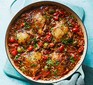 Chicken cacciatore one-pot with orzo served in a casserole dish