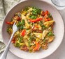 Chicken, leek & brown rice stir-fry in a bowl