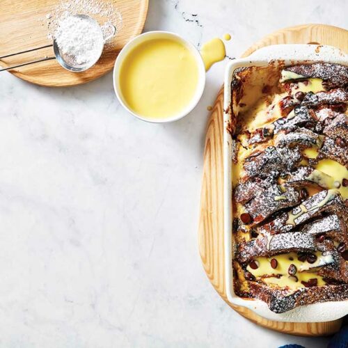 Chocolate chip bread and butter pudding
