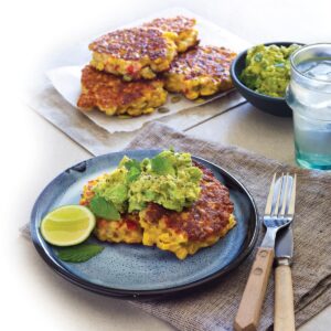 Corn and capsicum fritters with avocado smash