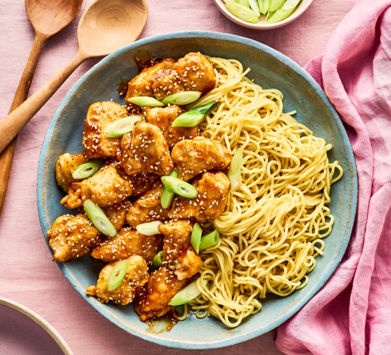 Crispy sesame lemon chicken in a bowl