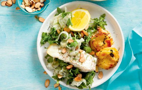 Crunchy smashed potatoes with fish and fennel