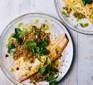 A serving of grilled trout with dill & mustard sauce