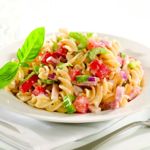 Ham and pasta salad with lemon-mustard dressing