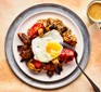 One serving of smoky mushroom & potato hash with oaty thins