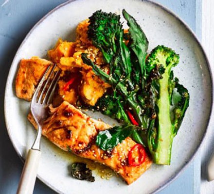 Sesame salmon, purple sprouting broccoli & sweet potato mash