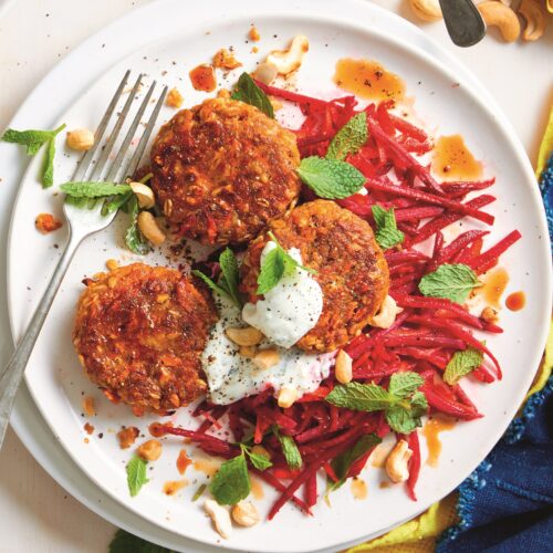 Lentil and cashew patties with carrot and beetroot salad