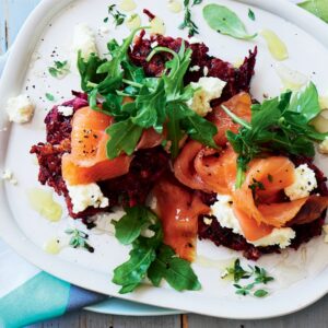 Honeyed ricotta, beetroot and thyme fritters with smoked salmon