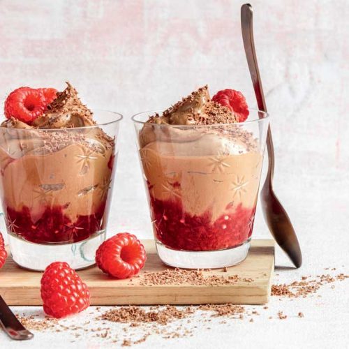 Layered chocolate mousse and raspberry chia jam