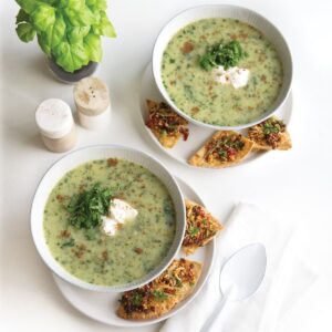 Leek, kale and potato soup with pizza pitas