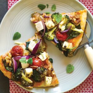 Pesto, tofu and broccoli pizza