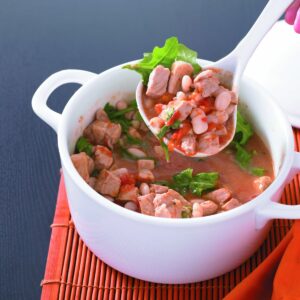 Pork, tomato, cannellini bean and rocket casserole