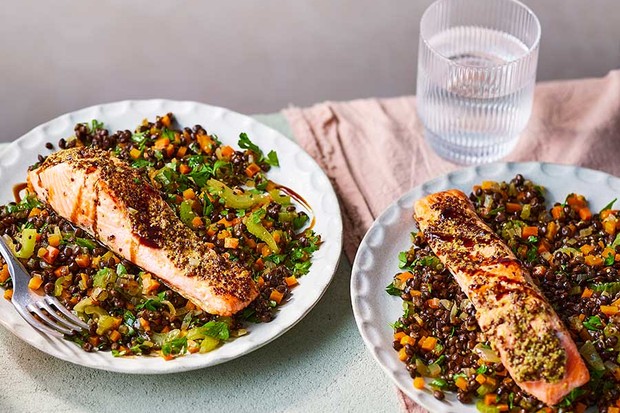 Two plates of puy lentils with seared salmon