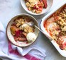 Rhubarb & apple crumble served in bowls with ice cream