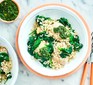 Chicken and broccoli on rice in bowl with salsa