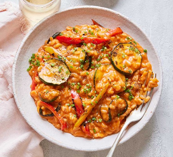 A serving of roasted vegetable cheese & cheat's tomato risotto