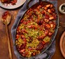 Sausage bean casserole served in a large casserole dish