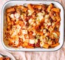 Sausage pasta bake in a baking dish