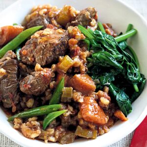 Slow-cooked beef, barley and vegetables