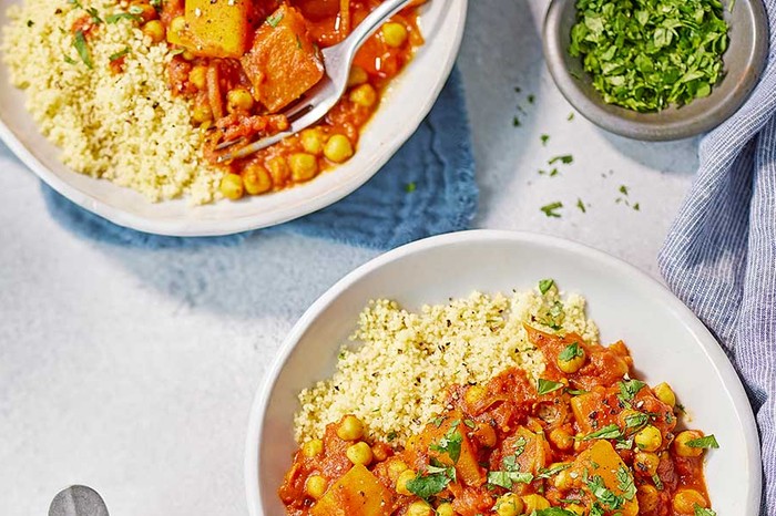 Slow-cooker chickpea stew with couscous in a bowl