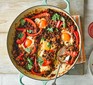 Smoky beans & baked eggs in a casserole dish