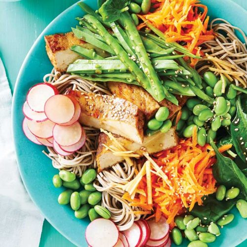 Soba noodle salad with marinated tofu and edamame