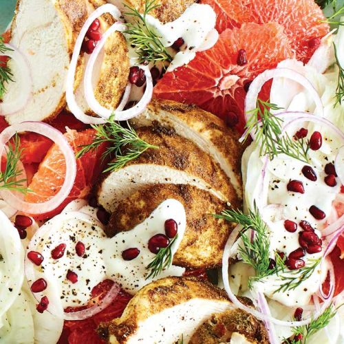 Spicy chicken salad with tahini dressing