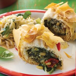 Spinach, sun-dried tomato and parmesan filo rolls