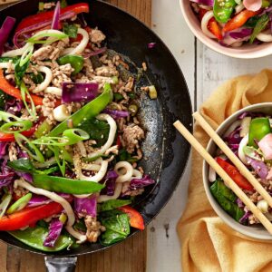 Stir-fried udon with pork and veges