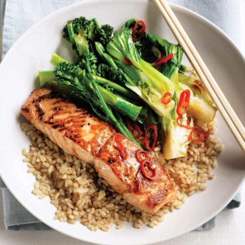 Teriyaki salmon with stir-fried greens and brown rice