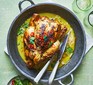 Thai green curry roast chicken served in a wok