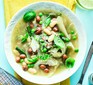 Three bean spring minestrone served in a bowl