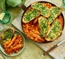 Vegan sausage casserole in dish and bowl with garlic bread