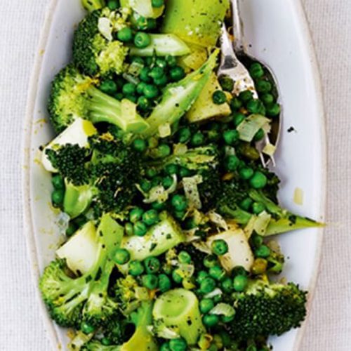 Steamed veg with sautéed onion, garlic, lemon and tarragon dressing