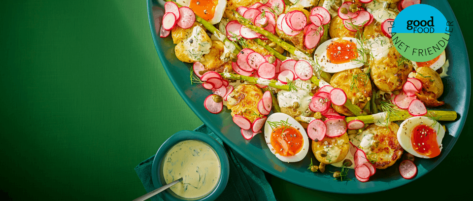 Planet-friendlier egg and potato salad with planet-friendlier logo